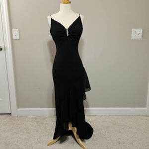 Vintage 90s Betsy & Adam Black Formal Gown Rhinestone V-Neck Spaghetti Strap